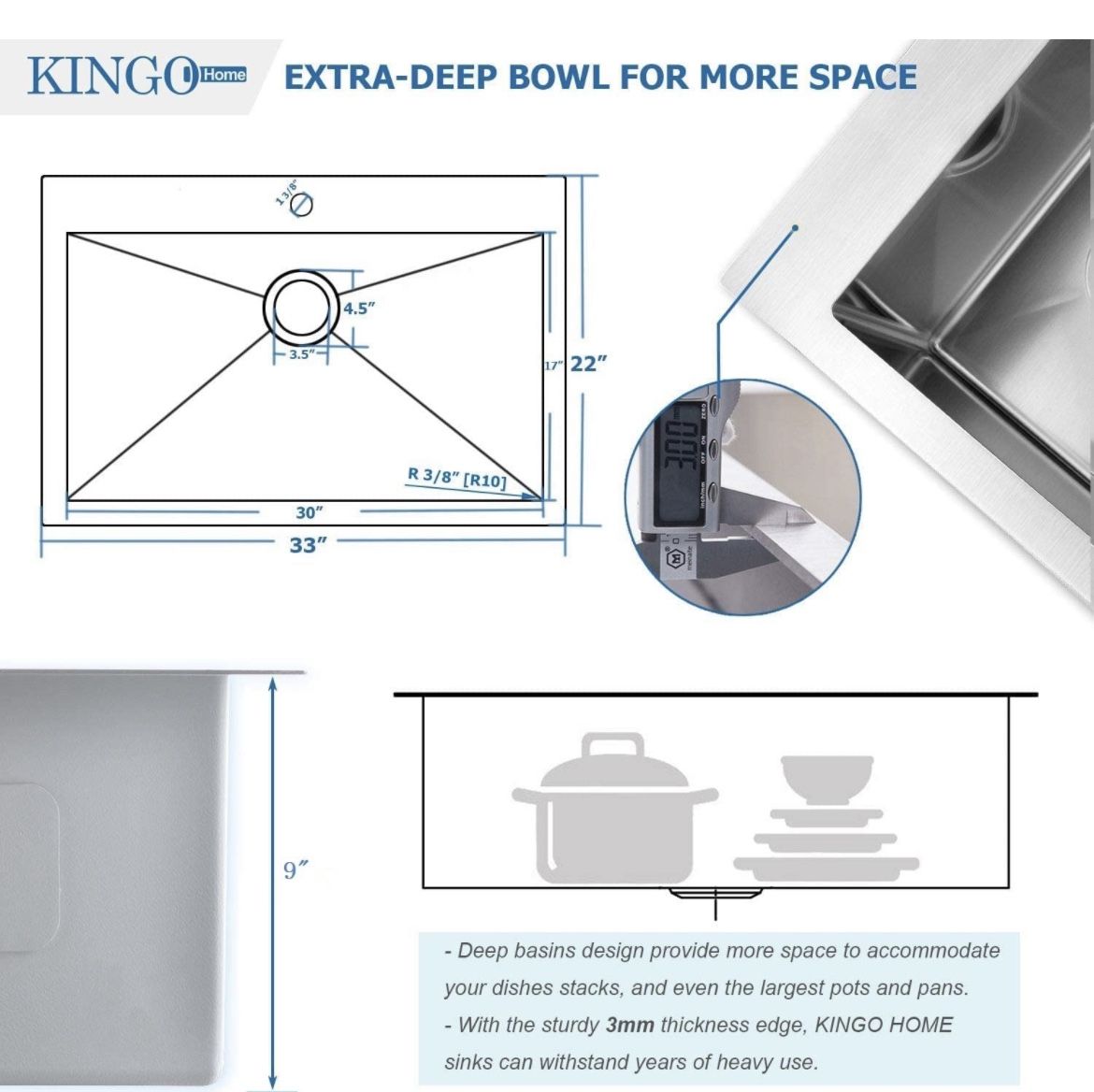 KINGO HOME 33 x 22 Inch Drop in Stainless Steel Kitchen Sink, Single