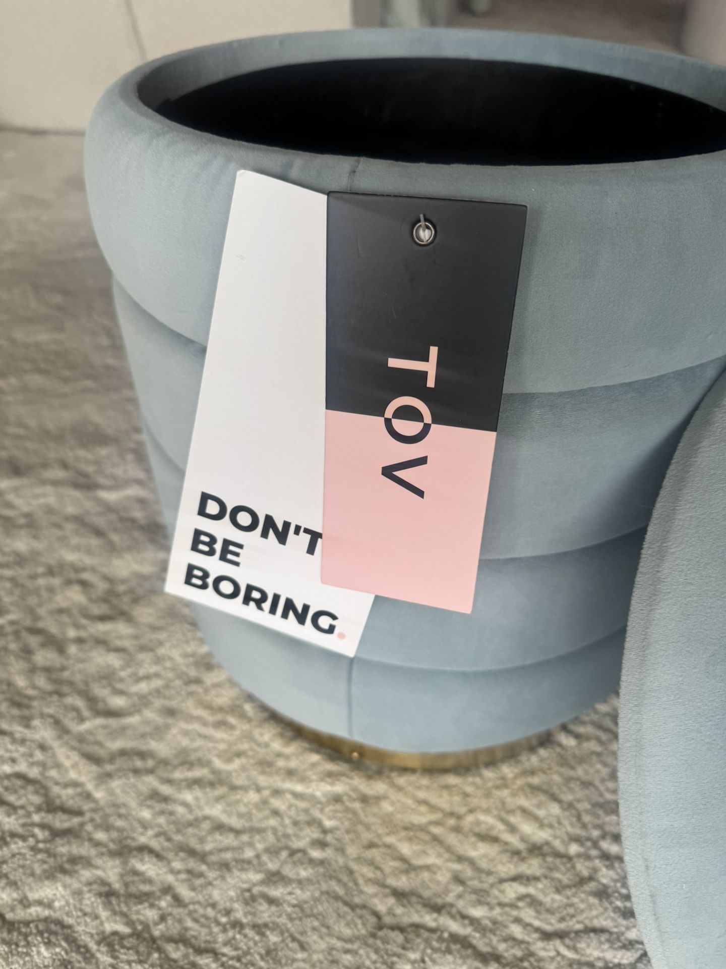 2 NEW Baby Blue Velvet & Gold “Don’t Be Boring” Storage Ottomans Or Foot Stools