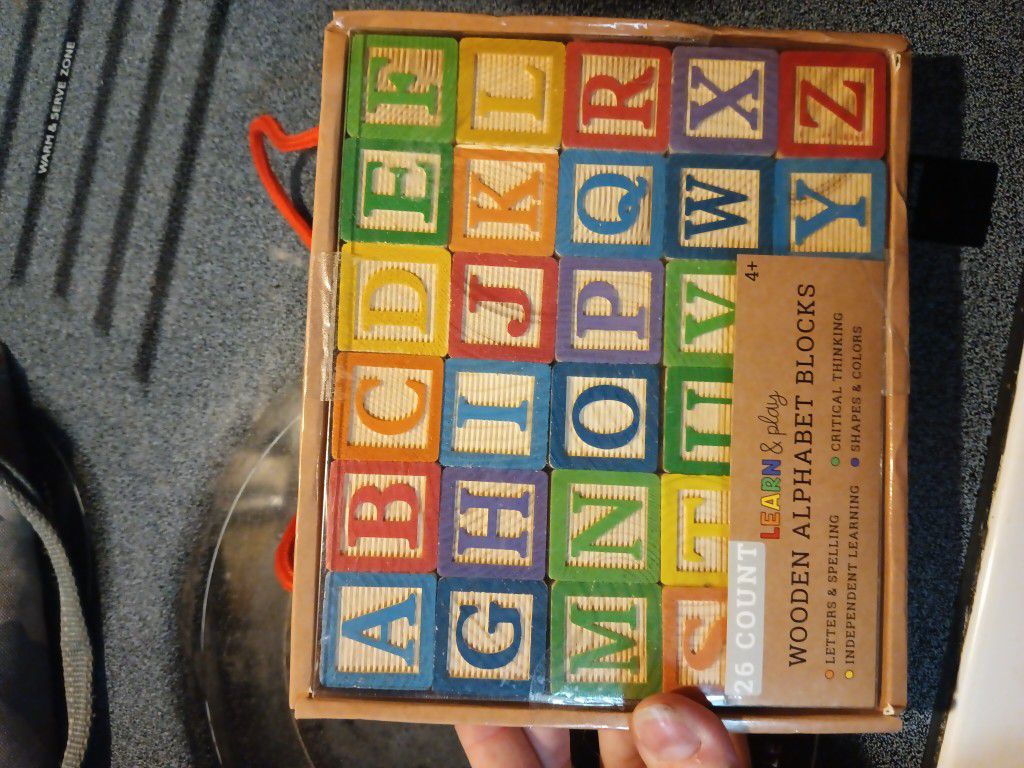 Learn & Play Wooden Alphabet Blocks Shapes Colors Letters Word Spelling 26 Count...Sealed