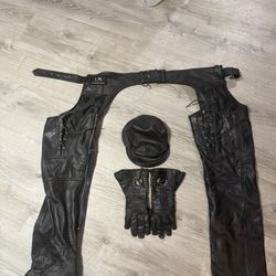  Motorcycle Leather Pants women’s Small Gloves and Hat