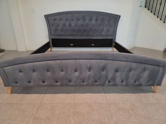 Gray Velvet Tufted Upholstered Bed Frame