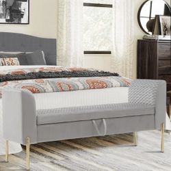Grey Velvet Upholstered Storage Bench – Modern & Clean (SERIOUS INQUIRIES ONLY PLEASE)