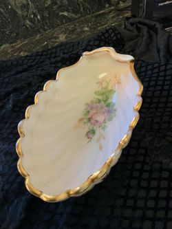 Vintage CAMBRIDGE CROWN Hand Painted Tuscan Pink Shell Nude On Pedestal Compote and Matching Footed Oblong Dish