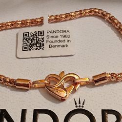 Pandora Authentic Brand New Sterling Silver 7.5 Inch Slide Clasp Heart Rose Gold Bracelet With Pouch 