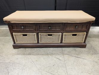 Rustic Dark Wood Storage Bench with Cushioned Top and Wicker Baskets