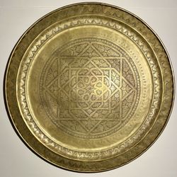19th Century Massive Moroccan Solid Brass Etched Tray / Table Top 37.5" diameter