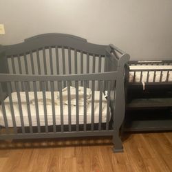 Gray Crib And Changing Table And Mattress(converts To Full Size Bed)