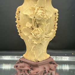 Vintage Hand-Carved Soapstone Vase with Floral & Bird Motifs on Stand