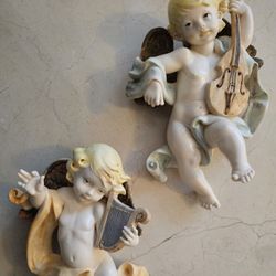 $125.00 - 1980's Italian Renaissance  Art Cherub Sculpture! Handpainted/Heavy Winged Cherubs Playing Harp & Violin - They Are 1 FEET Large!  