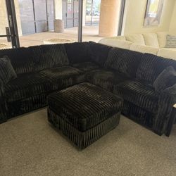 Sectional With Ottoman In Black Corduroy 