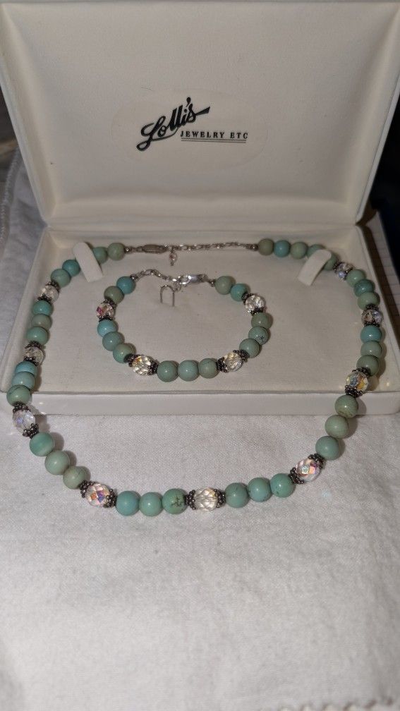 Turquoise And Crystal Necklace And Matching Bracelet