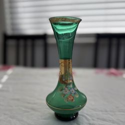 Green Art Glass Vase Hand Painted Floral Gold Detailing Decorative 7in