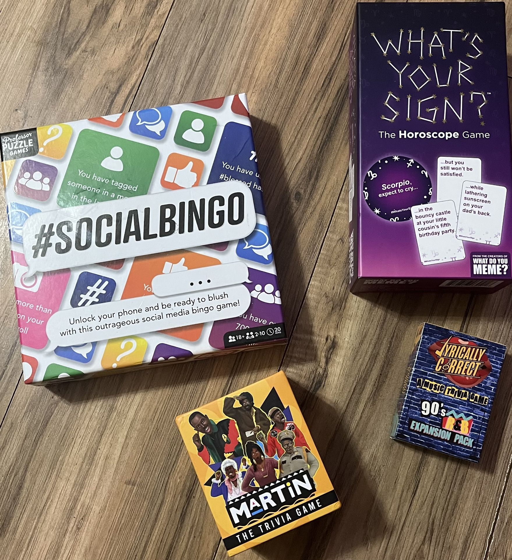 Lot of 4 Card Games Social Bingo, Martin, Lyrically Correct, and The Horoscope Game