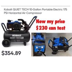 New Kobalt QUIET TECH 10-Gallon Portable Electric 175 PSI Horizontal Air Compressor $230 firm can test cash only pick up east Palmdale 
