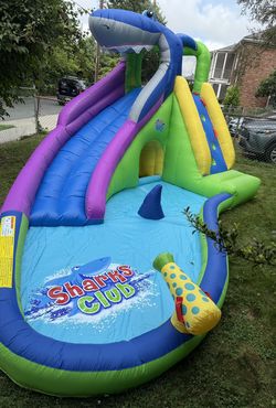 Inflatable Water Slide, Shark Bounce House With Spray And Water Pool