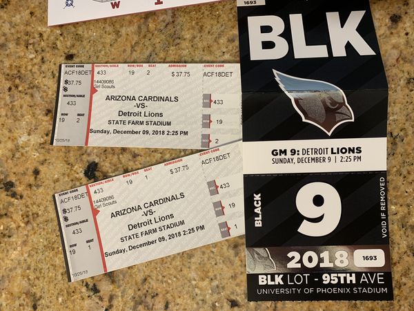 2 Arizona Cardinals VS Detroit Lions tickets. Plus parking pass for Sale in Phoenix, AZ - OfferUp