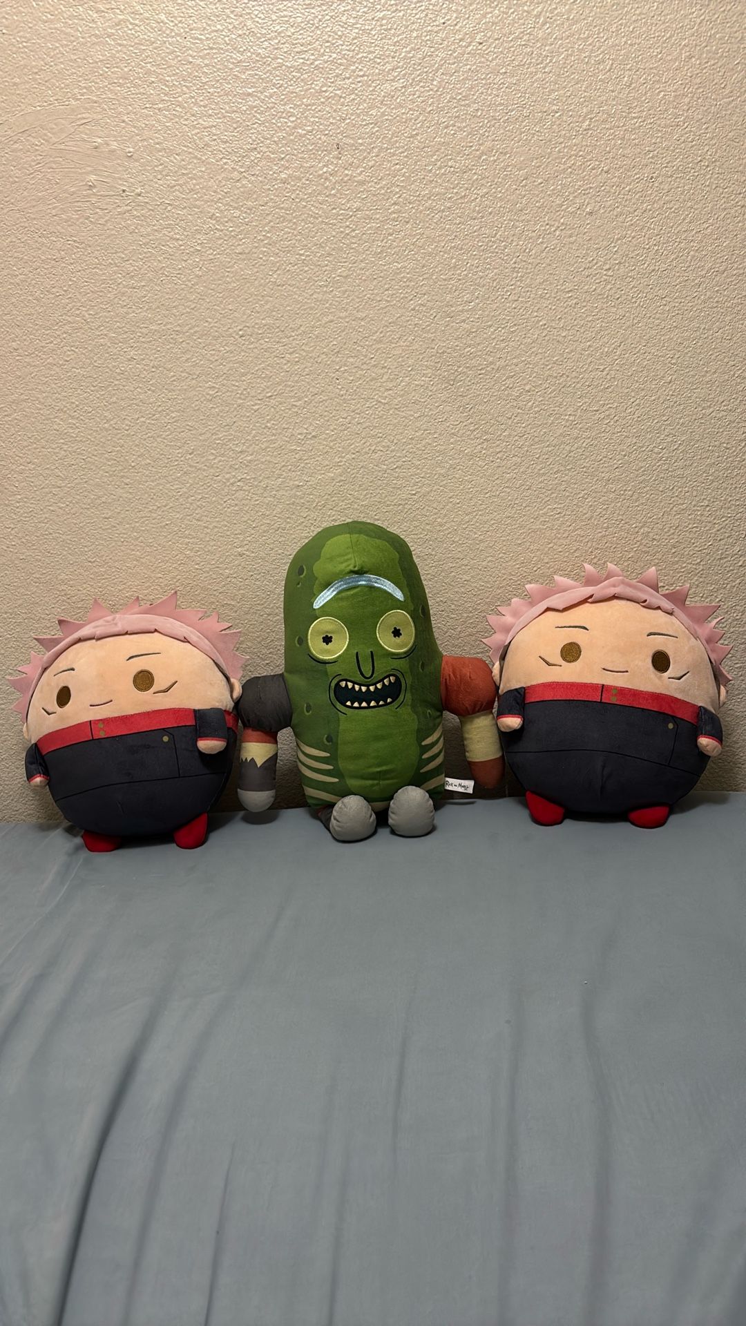 2x Yuji Itadori Plushies And 1x Pickle Rick Plushie