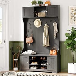 78.7" Hall Tree with Bench and Shoe Storage, Entryway Bench with Coat Rack, 10 Shoe Cubbies with Adjustable Shelves & 7 Coat Hooks for Hallw