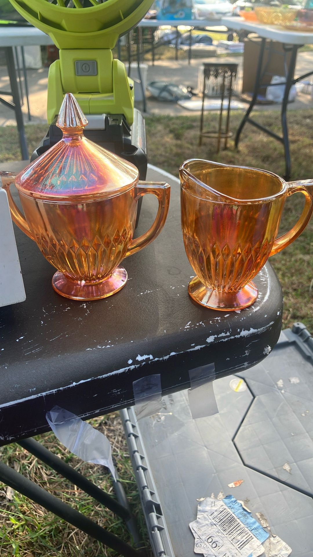 Jeannette Carnival Glass "Anniversary" Sugar & Creamer