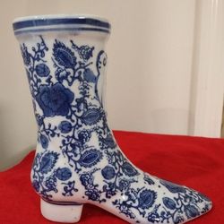 Chinese White and Blue Vase in the shape of a woman's boot;7" Tall x 6" Wide.