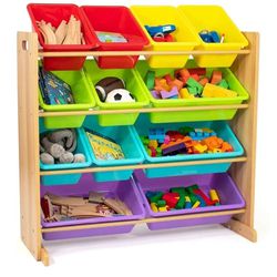 Humble Crew Kids Toy Storage Organizer with 12 Storage Bins, Rainbow/Natural Wood
