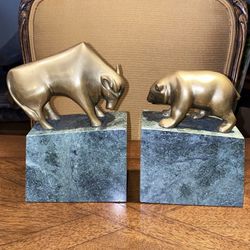 Vintage ‘80’s Wall Street Brass Bull & Bear Solid Marble Paper Weights Pair