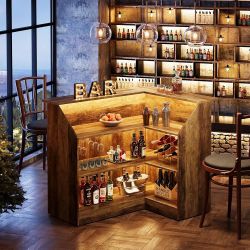 Tribesigns Bar Cabinet, L-Shaped Home Bar Table with Stemware Racks, 4-Tier Corner Bar Unit Liquor Wine Bar Table Reception Desk for Home Pub, Brown