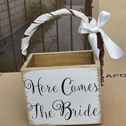 Here Comes The Bride Wood Basket Wedding Keepsake Gift