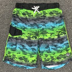 ZeroXposur boys 14/16 neon green, blue, and black camouflage swim trunks with side pocket 