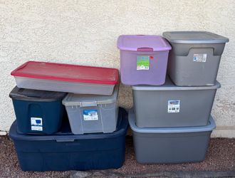 Pack of 8 storage totes, Sterilite/Room Essentials/Homz. Different sizes 18/30/35 Gallons. #47