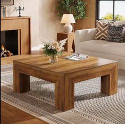 39.4-Inch Square Coffee Table for Living Room, Farmhouse Wooden Center Cocktail Table, Rustic Brown.