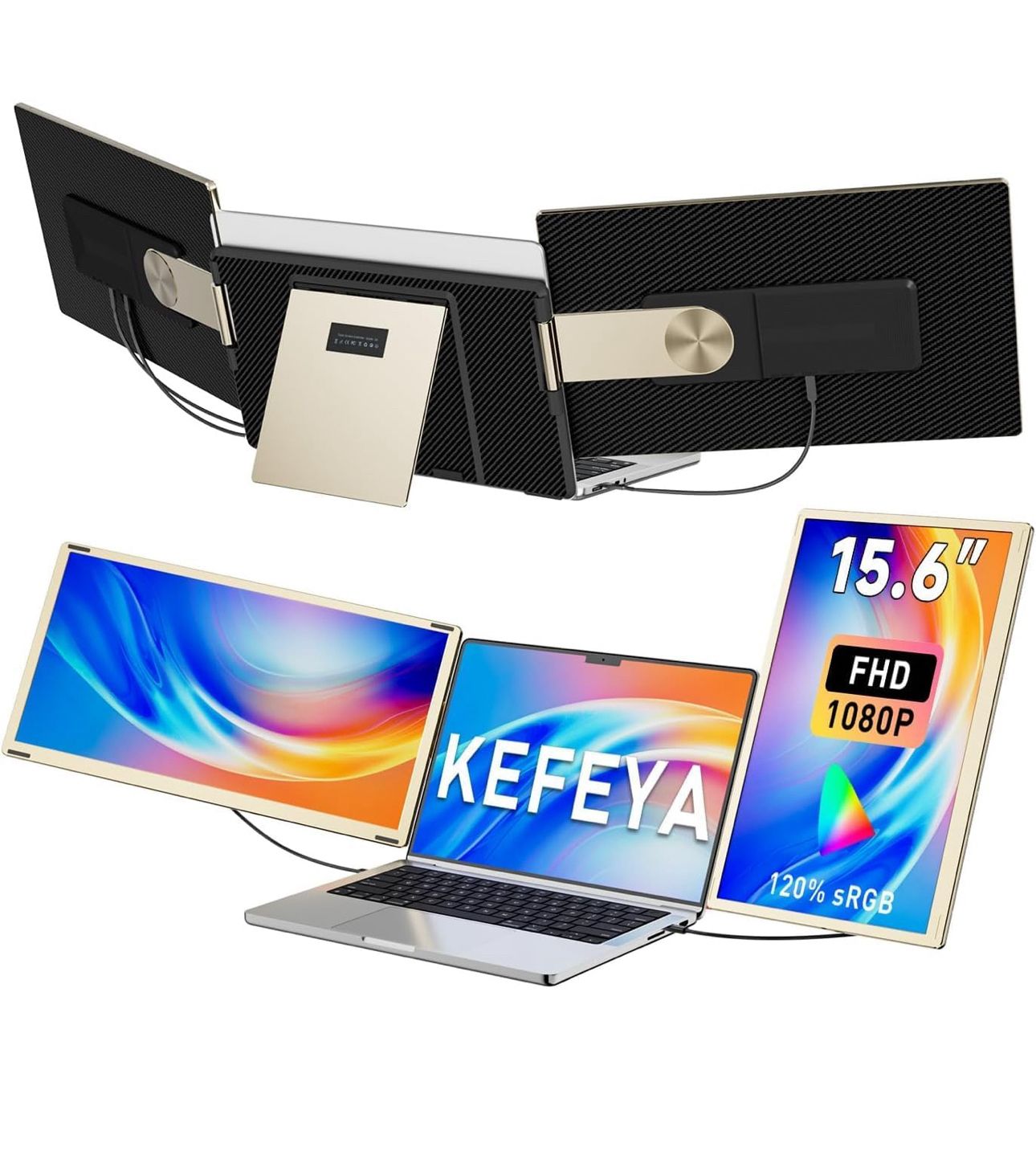 KEFEYA Laptop Screen Extender 15.6", FHD 1080P Portable Triple Monitor for Laptops 13-17.3", 120% sRGB 235° Rotation Detachable Laptop Monitor Extende