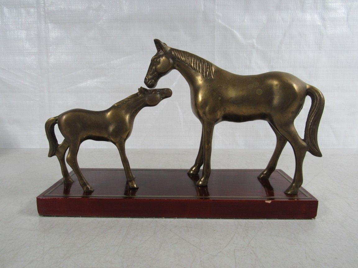 Mare & Foal Solid Brass Vintage Horses Statues On Wooden Base