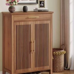 New Assembled Shoe Cabinet, 5-Tier Shoe Storage Cabinet with Louvered Doors and Drawer, Freestanding Wooden Shoe Rack Organizer with Adjustable Shelve