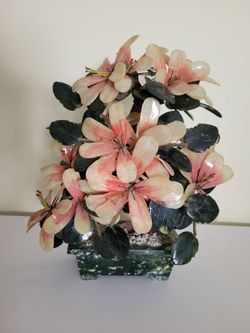 Vintage Chinese Jade Bonsai Tree Pink White Flowers Adjustable