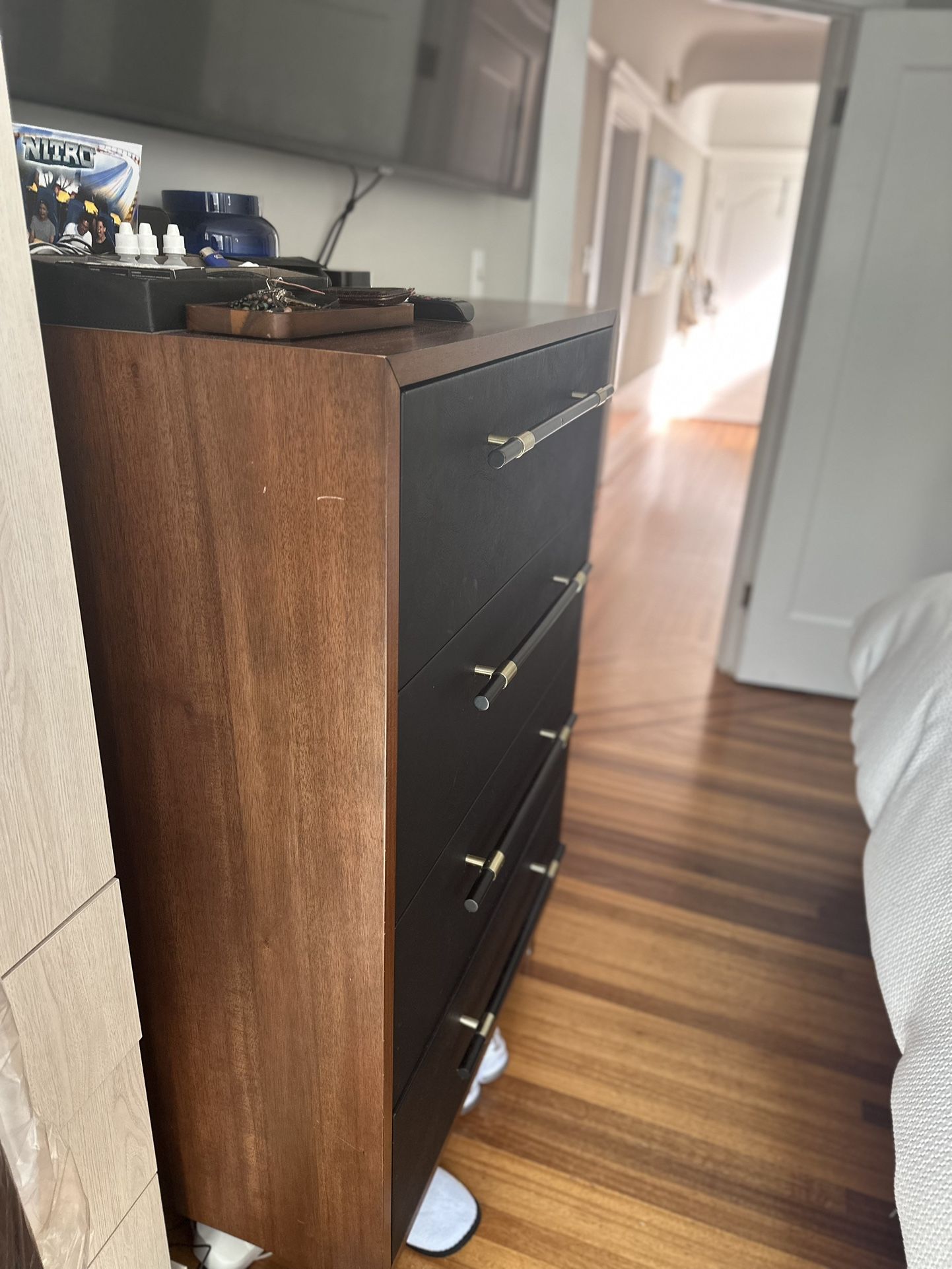 CB2 Oberlin Tall 4 Drawer Black Leather and Wood Dresser for Sale