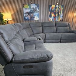Gray Kelsee Power Fabric Reclining Sectional With Power Headrest