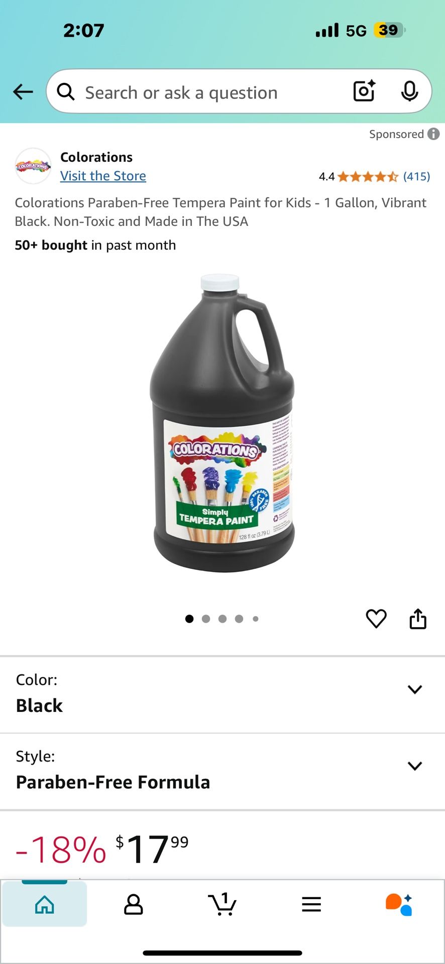 Colorations Paraben-Free Tempera Paint for Kids - 1 Gallon, Vibrant Black. Non-Toxic and Made in The USA