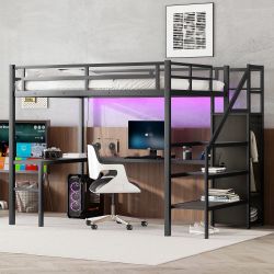 Full XL Size Loft Bed with L-shaped Desk and USB, Metal Loft Bed with Wardrobe and Adjustable Shelf, High Loft Bed with LED for Kids Teens Adults, Bla