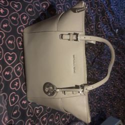 Pearl gray leather shoulder tote bag, two straps, zip pouch. 11”w 10”h. 4.5”w Slight wear on straps