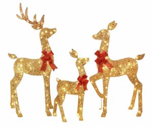 3-Piece 2D Lighted Christmas Deer Family Set - HOYECHI Large Outdoor Yard Reindeer Holiday Decoration with 145 LED Lights, Stakes, Zip Ties - Gold