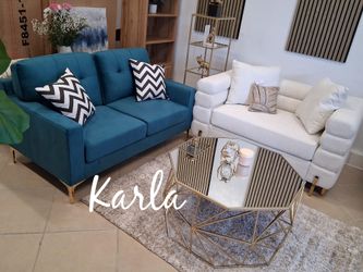 Luxurious‼️ Loveseat And Sofa Boucle Fabric And Gold Plated Steel Legs ‼️On Display‼️