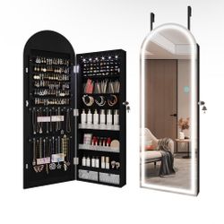 LVSOMT Arched Lighted Mirror Jewelry Cabinet, Wall/Door Mount Jewelry Armoire Organizer with Lights, Full Length Mirror with Jewelry Storage