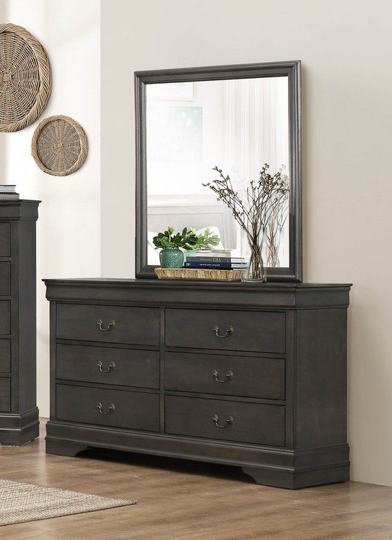Brand new stained grey queen sleigh bedframe + dresser + mirror + nightstand