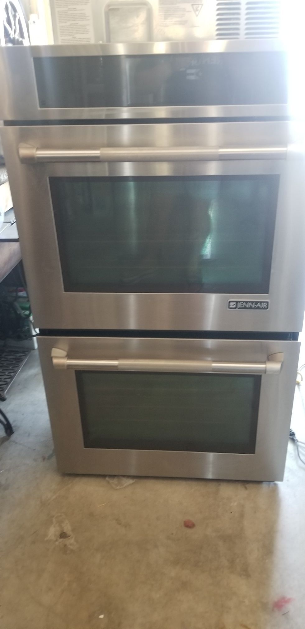 Jenn Air stainless steel double wall oven and microwave drawer