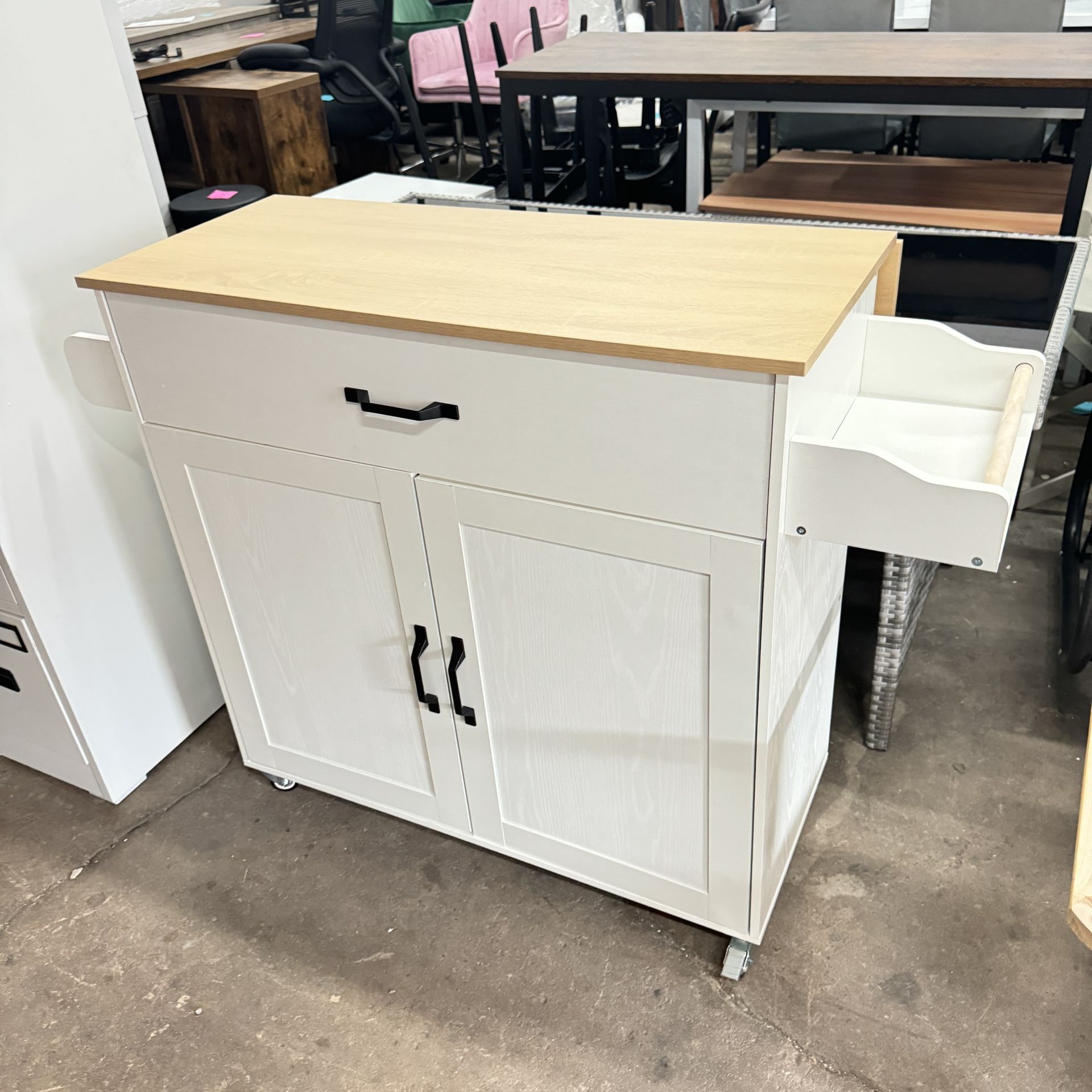 Rolling Kitchen Island Table on Wheels with Drop Leaf, Storage Cabinet, Drawer, Spice/Towel Rack, Kitchen Cart, 47.25" Wide White KC-KD-01