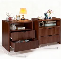 Nightstands Set of 2, Modern Night Stands with Charging Station, 2 Drawers with Fluted Wood Front, End Side Tables for Bedroom & Living Room, Solid Wo