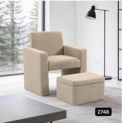 Accent Chair with Storage Ottoman, Modern Vanity Chair Upholstered Linen, Hideaway Footstool with Large Hidden Compartment, Brown