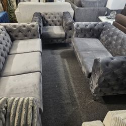 Brand New Tufted Gray Velvet Firm Sofa + Loveseat + Chair 3PCs Set