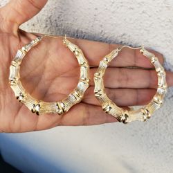 Big xlarge real 10k gold hoop bamboo earrings 2.50 inches⁸
